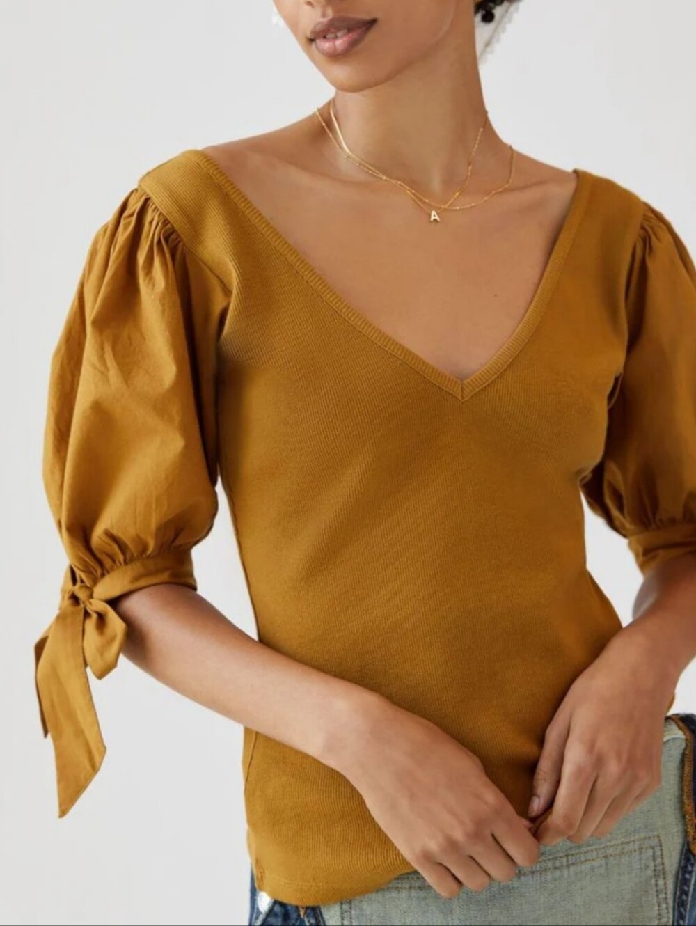 Maeve Chocolate Puff Sleeve V Neck Ribbed Top Size XS